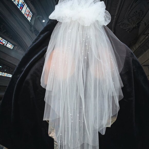 Handmade White Floral Bridal Veil With Pearl Embellishments Lace Crown & Tulle L main image 5